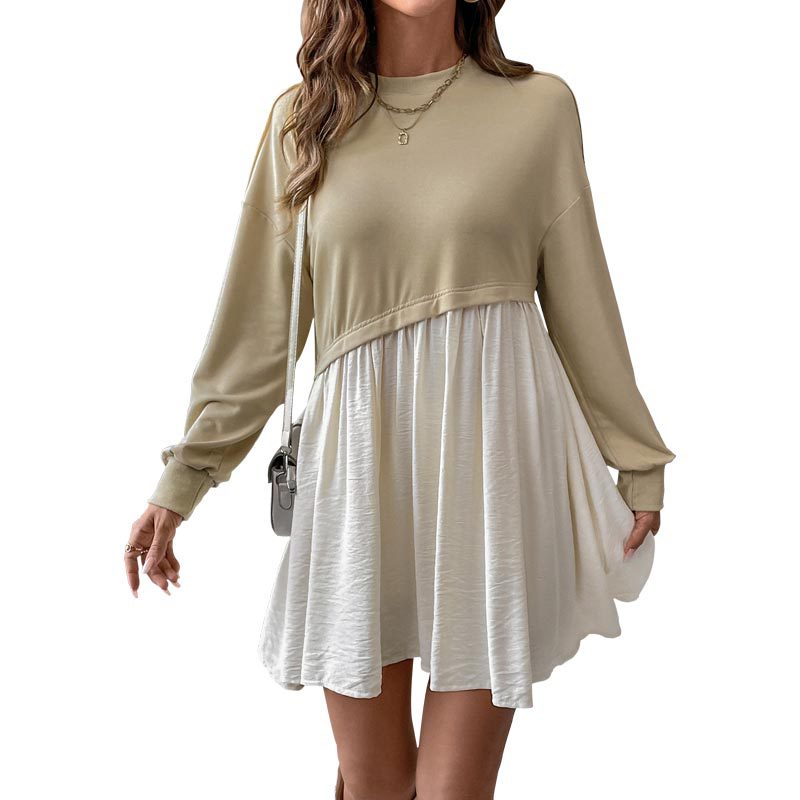 Personal Leisure Date Round Neck Long Sleeve Color Matching Loose Dress
