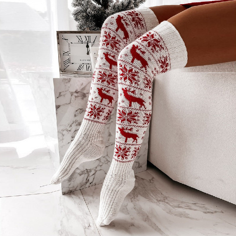 Cozy Christmas Over-the-Knee Socks: Warm Knitted Snowflake &amp; Elk Design for Winter Fun