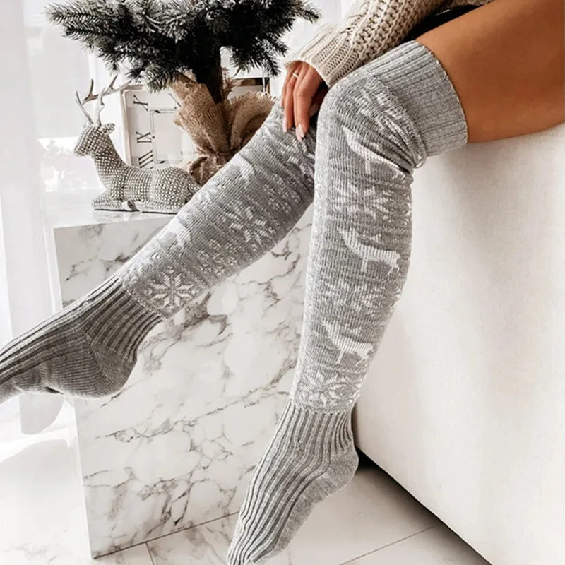 Cozy Christmas Over-the-Knee Socks: Warm Knitted Snowflake &amp; Elk Design for Winter Fun