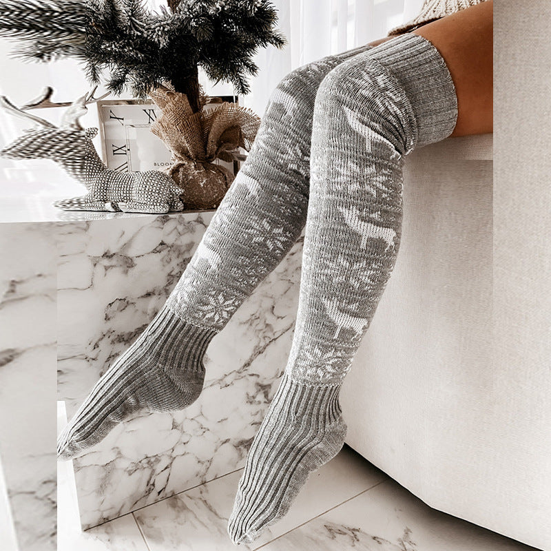 Cozy Christmas Over-the-Knee Socks: Warm Knitted Snowflake &amp; Elk Design for Winter Fun