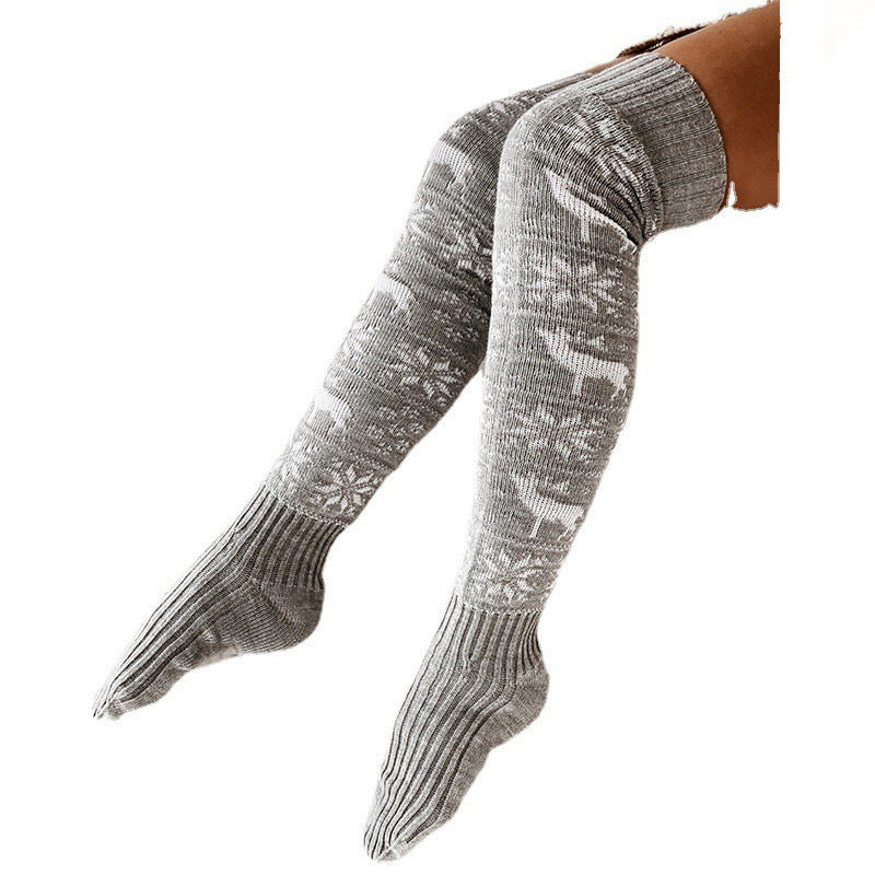 Cozy Christmas Over-the-Knee Socks: Warm Knitted Snowflake &amp; Elk Design for Winter Fun