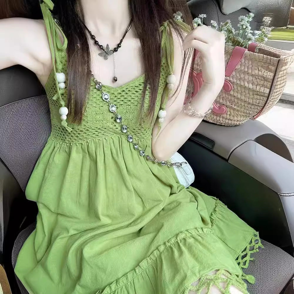 Bohemian Green Tassel Sling Dress – Summer 2024 Collection