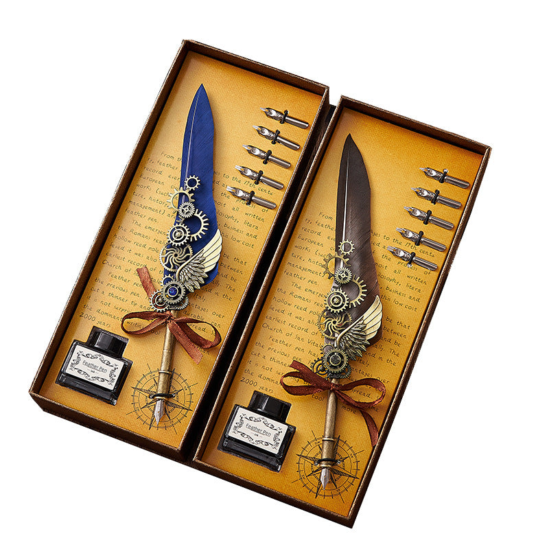 European-Style Retro Feather Dipping Pen Set – Vintage Punk-Inspired Gift with Wax Seal