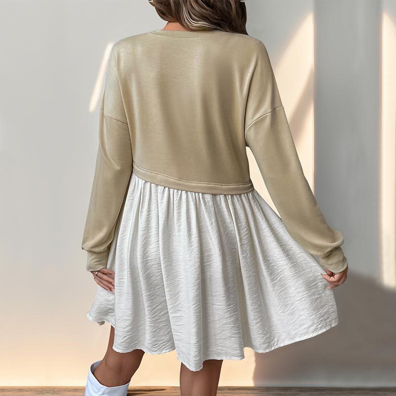 Personal Leisure Date Round Neck Long Sleeve Color Matching Loose Dress