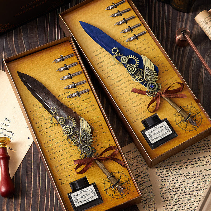 European-Style Retro Feather Dipping Pen Set – Vintage Punk-Inspired Gift with Wax Seal