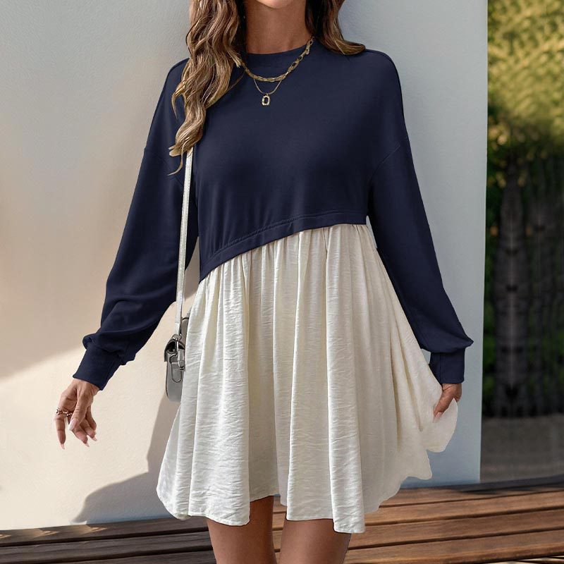 Personal Leisure Date Round Neck Long Sleeve Color Matching Loose Dress