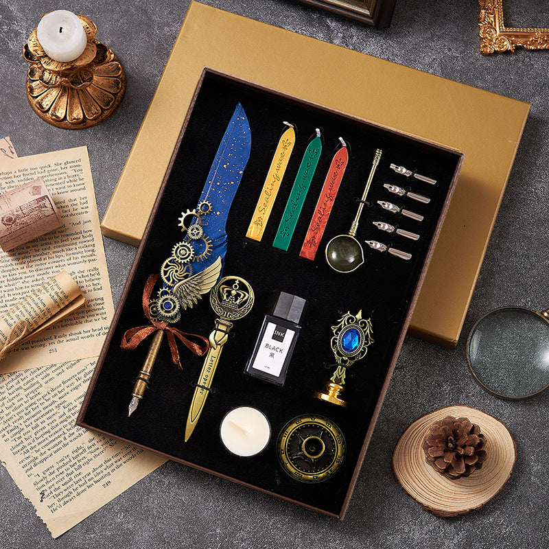 European-Style Retro Feather Dipping Pen Set – Vintage Punk-Inspired Gift with Wax Seal