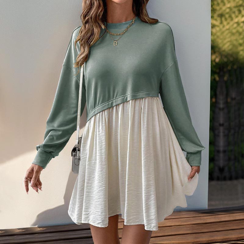 Personal Leisure Date Round Neck Long Sleeve Color Matching Loose Dress