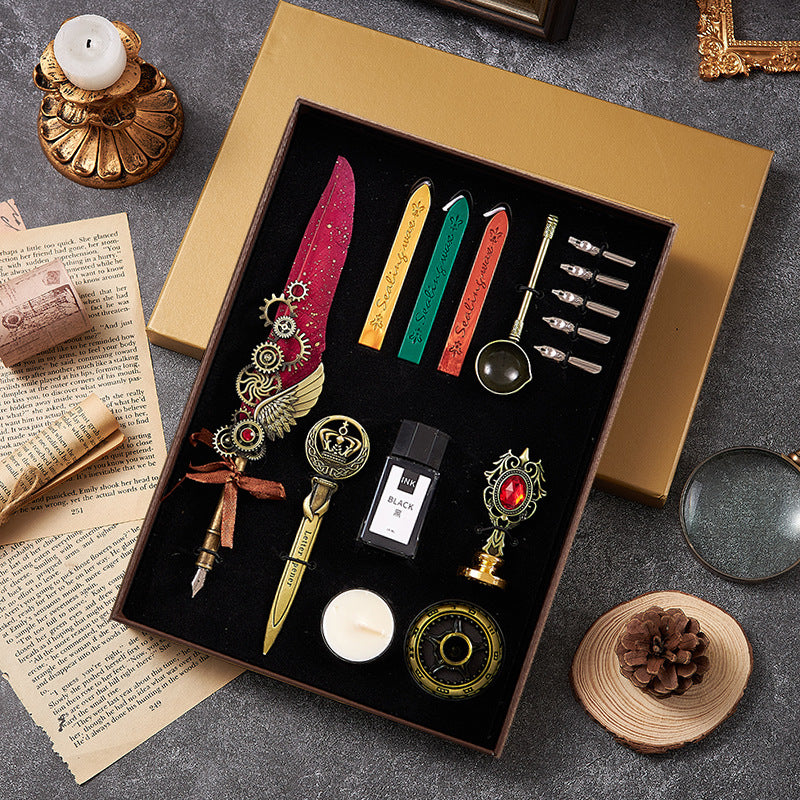 European-Style Retro Feather Dipping Pen Set – Vintage Punk-Inspired Gift with Wax Seal