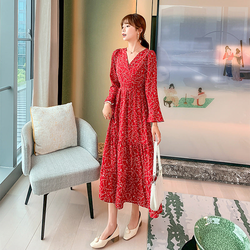 Tight Waist Long Sleeve Dress dress British Chiffon New Slim British Style Spring and Autumn European and American Hot Mom Floral