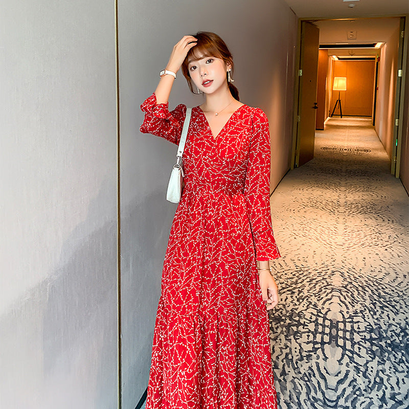 Tight Waist Long Sleeve Dress dress British Chiffon New Slim British Style Spring and Autumn European and American Hot Mom Floral