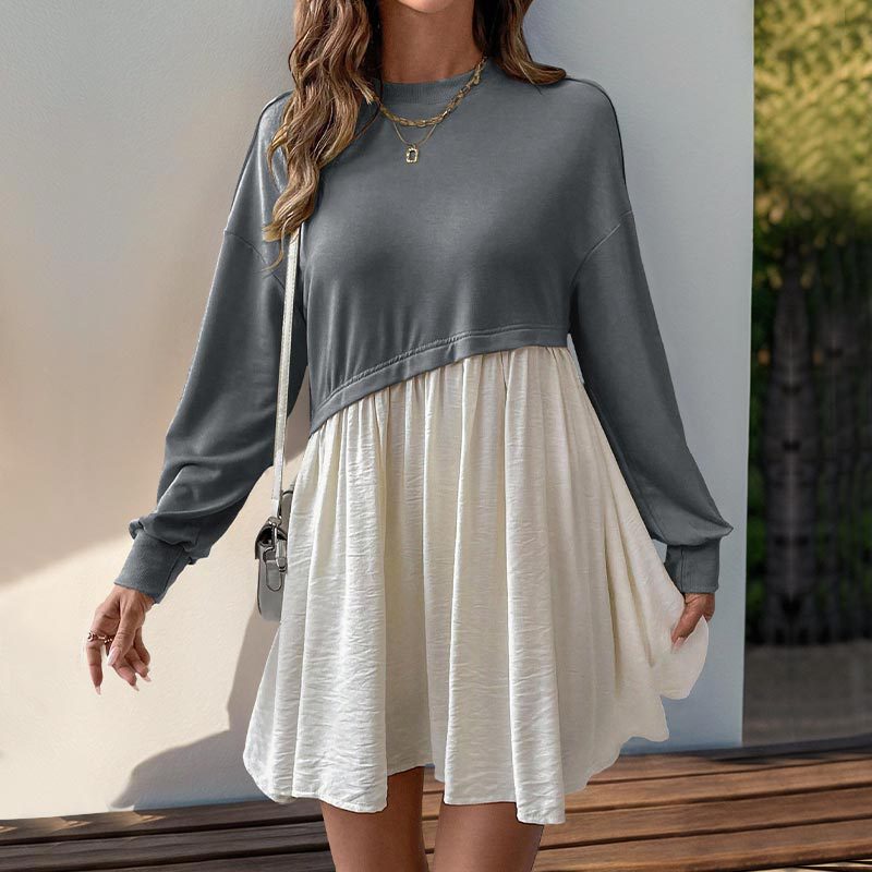 Personal Leisure Date Round Neck Long Sleeve Color Matching Loose Dress
