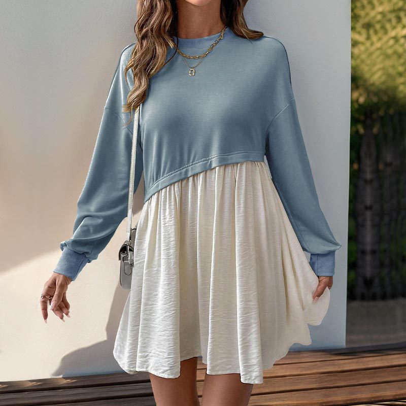 Personal Leisure Date Round Neck Long Sleeve Color Matching Loose Dress