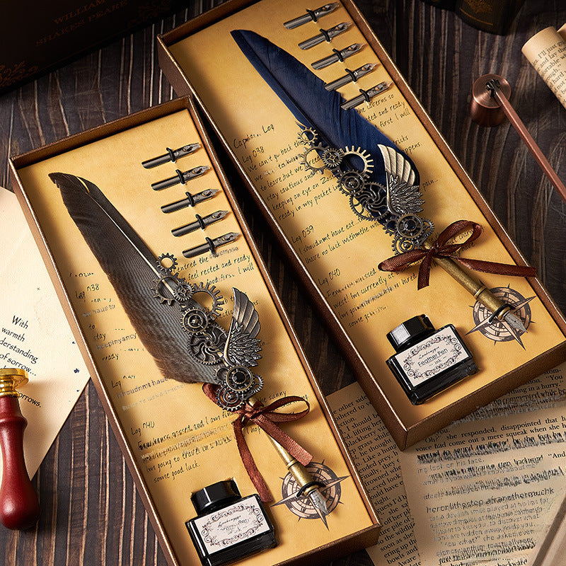 European-Style Retro Feather Dipping Pen Set – Vintage Punk-Inspired Gift with Wax Seal