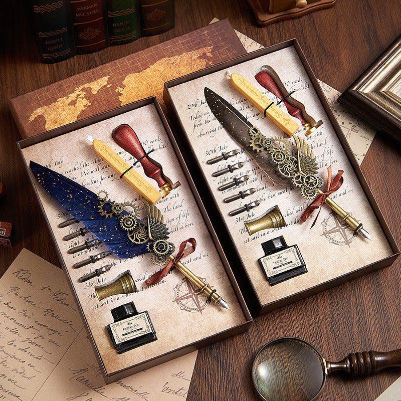 European-Style Retro Feather Dipping Pen Set – Vintage Punk-Inspired Gift with Wax Seal