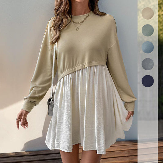 Personal Leisure Date Round Neck Long Sleeve Color Matching Loose Dress