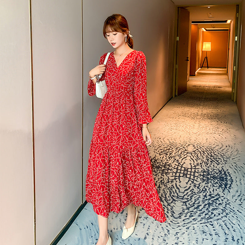 Tight Waist Long Sleeve Dress dress British Chiffon New Slim British Style Spring and Autumn European and American Hot Mom Floral