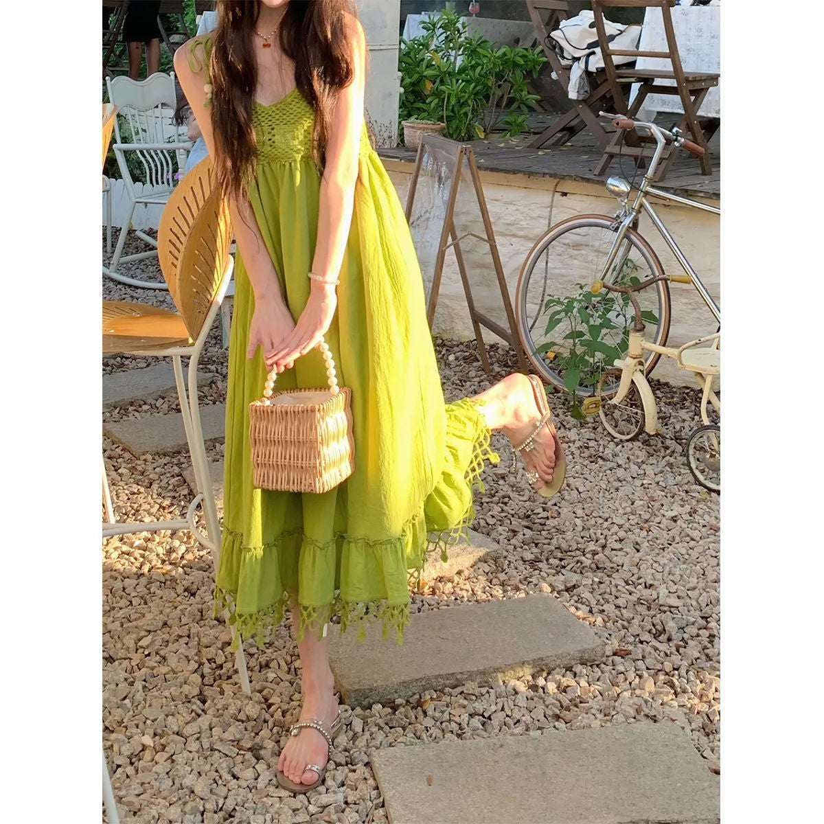 Bohemian Green Tassel Sling Dress – Summer 2024 Collection