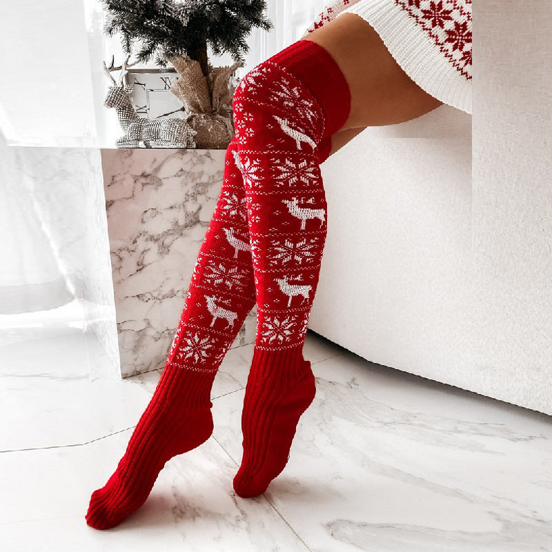 Cozy Christmas Over-the-Knee Socks: Warm Knitted Snowflake &amp; Elk Design for Winter Fun